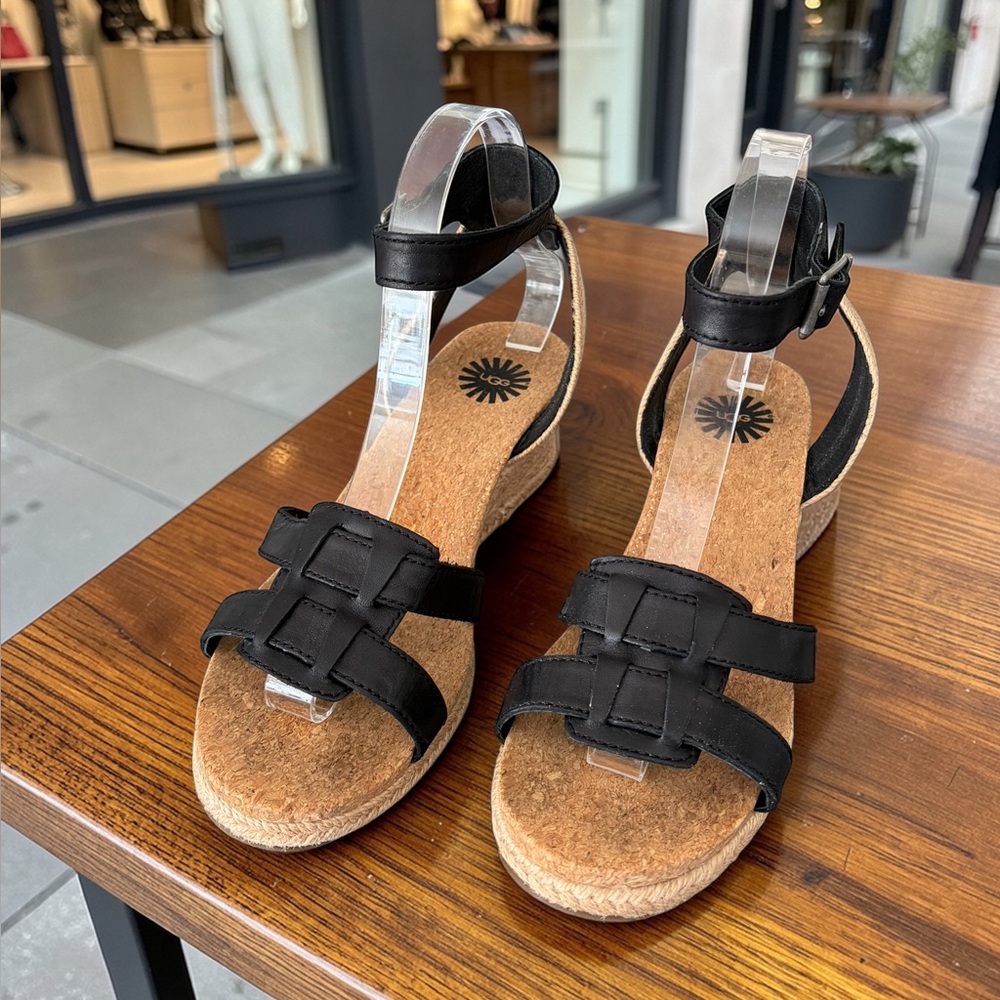 UGG Black Leather Espadrille Wedge Sandals